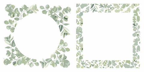Watercolor eucalyptus frame and border design with delicate green foliage and rounded leaves © Anik