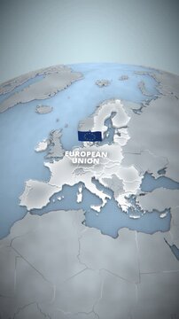 Vertical 3D Map of the European Union with Waving Flag and Highlighted Borders, Perfect for Short-Form Social Media News Stories or Mobile App Promos
