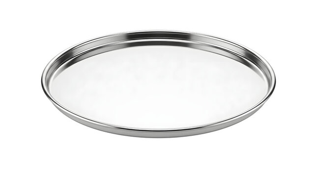 Polished stainless steel round tray, metallic silver serving platter for catering, professional kitchen equipment isolated on white background