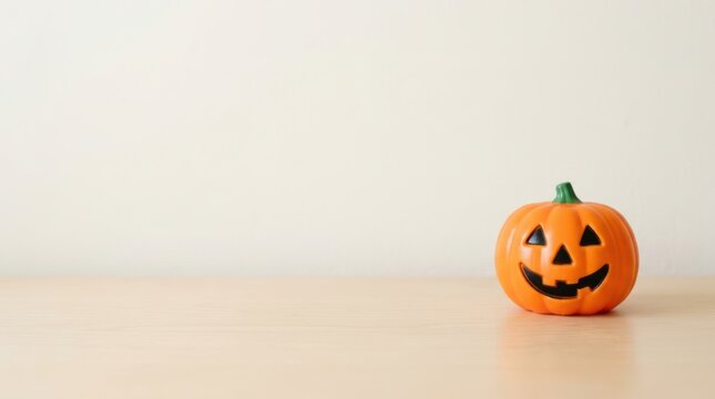 Small orange jack o lantern pumpkin on wood table