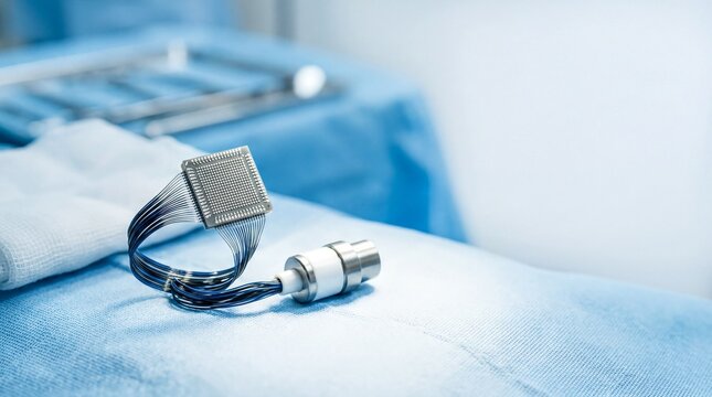 neurotechnology advancements, a close-up view of a blue and white electrode array for brain-computer interface