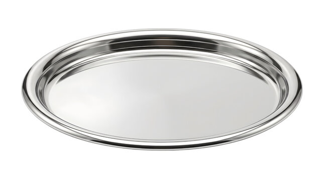 Polished stainless steel serving tray, round metallic platter for catering, shiny chrome kitchen plate isolated on white background