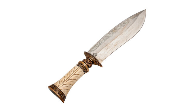 Classic heavy duty metal hunting knife weapon with textured handle isolated on transparent background cut out
