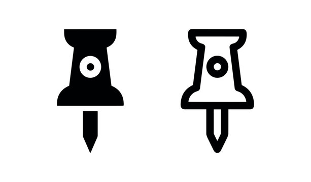 Pushpin thumbtack icon with marker dot, solid and outline versions, symbolizing location and important notes.