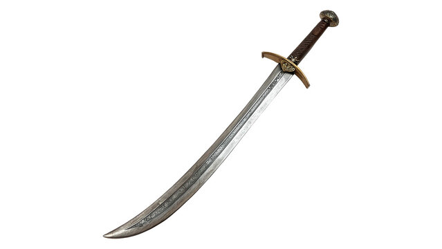 Classic medieval metallic iron scimitar sword weapon with curved blade isolated on transparent background cut out