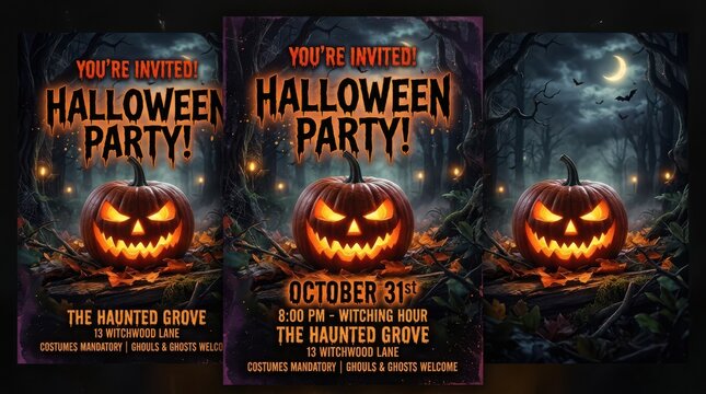 Spooky halloween party flyer with glowing pumpkin