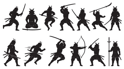 Fototapeta premium Dynamic collection of traditional Japanese samurai warrior silhouettes in various combat and action poses, depicting ancient martial arts and historical fighting spirit