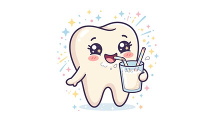 Fototapeta premium A cheerful cartoon tooth character enjoys drinking from a straw in a colorful setting.