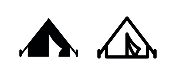 Camping tent icon set, filled and outline versions for outdoor adventure, shelter, and recreation. © liubomir118809