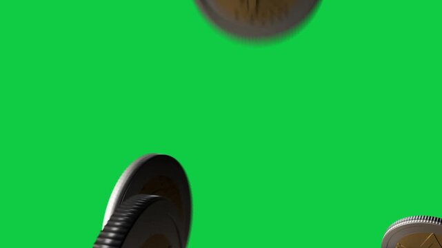 Blackout ending bimetal coins entering rotating colliding piling showing ridged rims on transparent