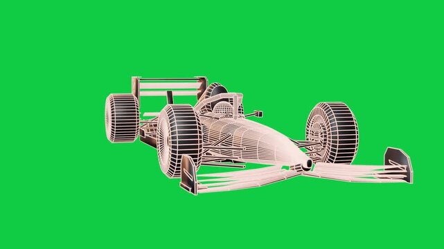 Camera pulling back, panning right, showing wireframe F1, neon lines tracing spec on transparent bg