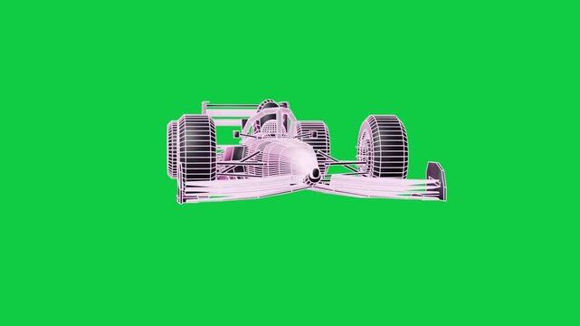 Camera pan starting F1 wireframe racer rotating and showing suspension for demo on transparent void
