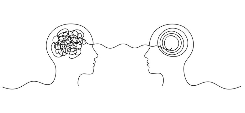 Creative line illustration showing two minds connected through communication, symbolizing mental health, understanding, empathy, therapy, and emotional support.