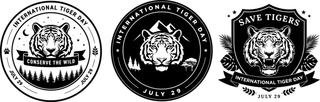 International tiger day with tiger faces, moon, stars, trees, and foliage save tigers