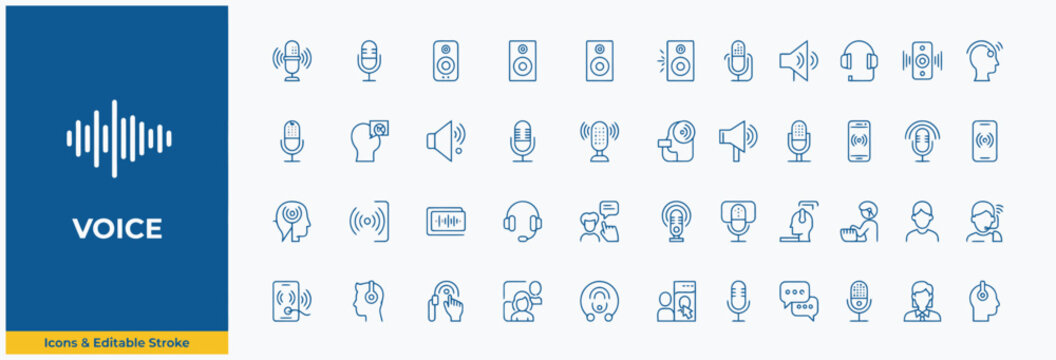 Professional voice and audio communication line icon collection for digital media