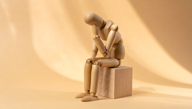Wooden Artist Mannequin Seated in Thinking Pose Depression and Loneliness Concept