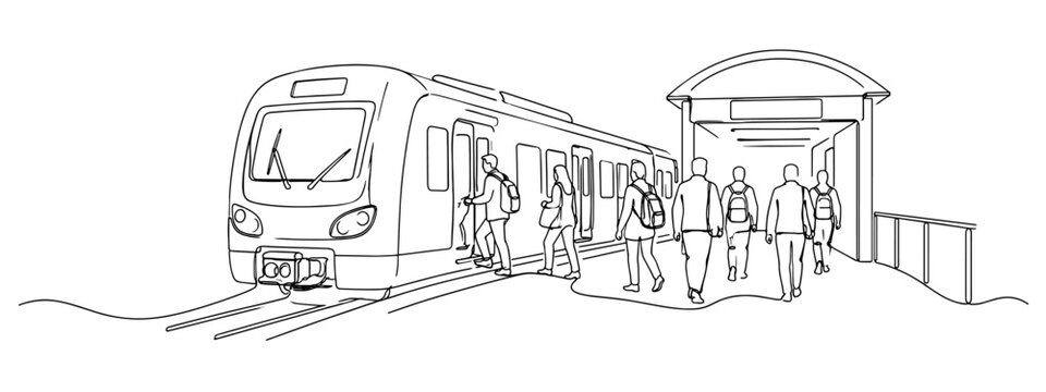 Modern metro train arriving at a passenger station with commuters boarding and leaving the platform. Clean outline illustration highlighting public transportation, daily commuting, and urban transit