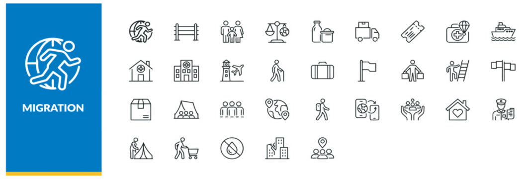 Migration and refugee crisis line icons set for social issues and global movement