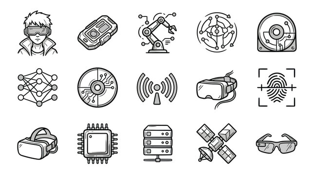 Cyberpunk and technology line art icons.