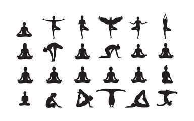 Obraz premium Big collection of yoga poses silhouettes, including women in various meditation and fitness positions.