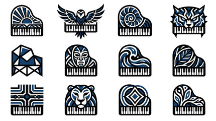 Decorative piano and keyboard art icon set. © Linda