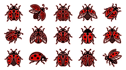 Decorative red ladybug icons with tribal art details. © Linda