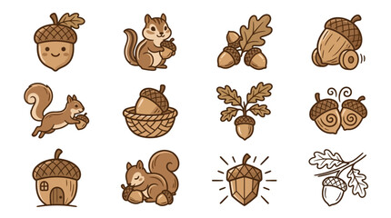 Cute squirrel and acorn character icons collection. © Linda