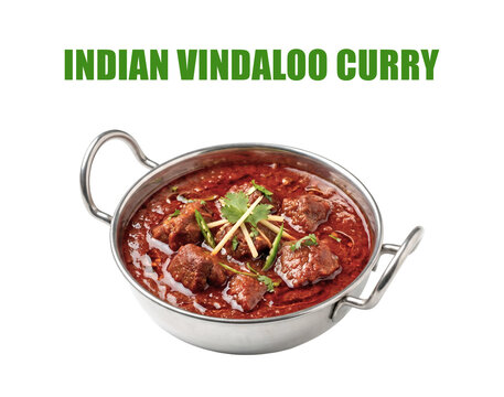 Indian Vindaloo Curry lamb chunks in fiery red gravy wok kadhai bowl