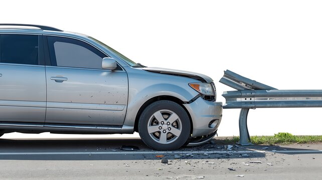 Damaged silver car crashed into a metal guard rail barrier