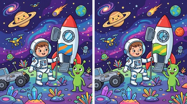 "Spot the Difference" game for kids: astronaut planting a flag