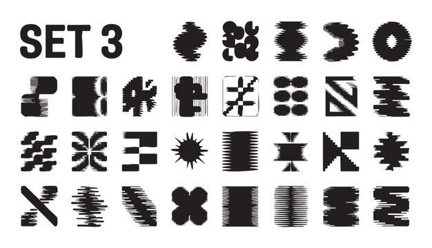 Set of digital glitch style distorted shapes and abstract monochrome graphic design art elements.