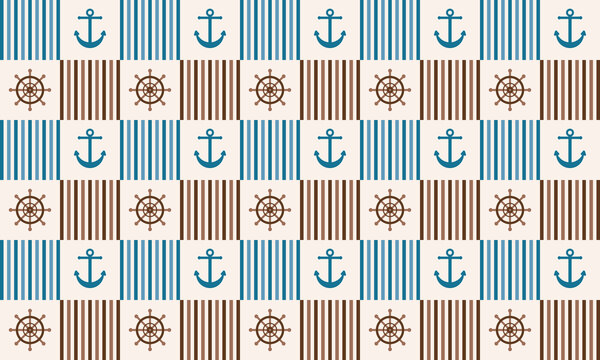 High resolution seamless nautical marine pattern, blue anchors and steering wheels sailor background.