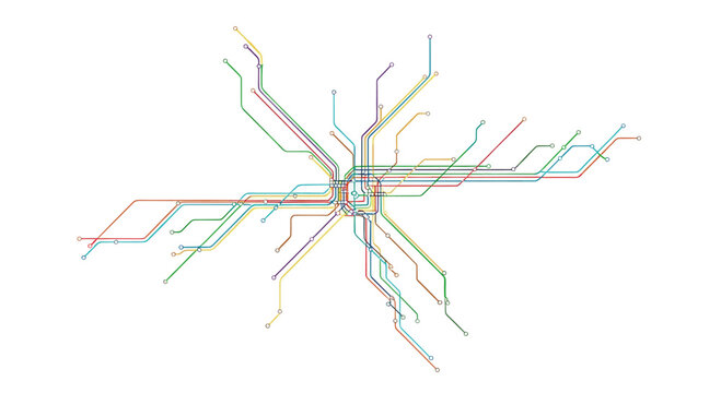 Abstract subway map lines with colorful route paths isolated on white background. Transportation network transit system concept. Vector illustration for city planning layout