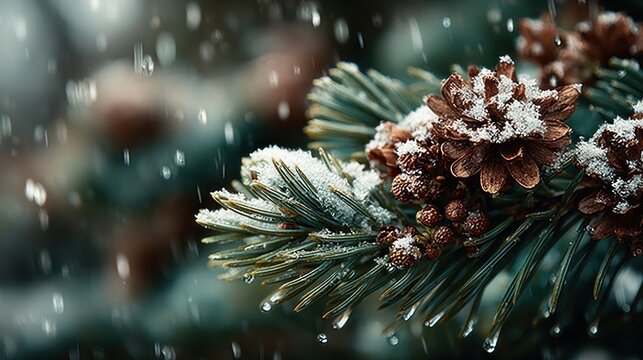 Snow gently falling over Christmas tree branches and garland, festive scene