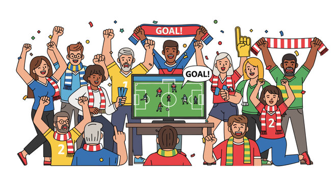 Group of cheering man and woman watching football match on television screen. Goal celebration after win. Happy fans sport supporter character. Vector illustration for web page 170