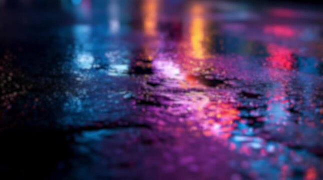 Cinematic blurry close-up of raindrops falling into puddles on wet asphalt at night. Vibrant neon city lights in purple, pink, and blue reflecting on the glossy surface, creating a moody atmosphere.