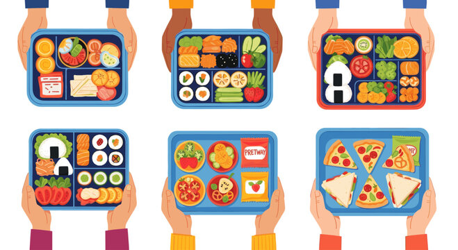 Set of hands holding bento lunch box with nutritious meal and delicious organic food. Healthy eating lifestyle, school break and office worker nutrition. Vector illustration