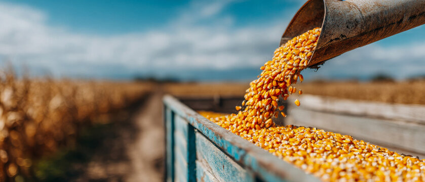 Corn harvest takes place in a field with a clear blue sky during the fall season in a rural area