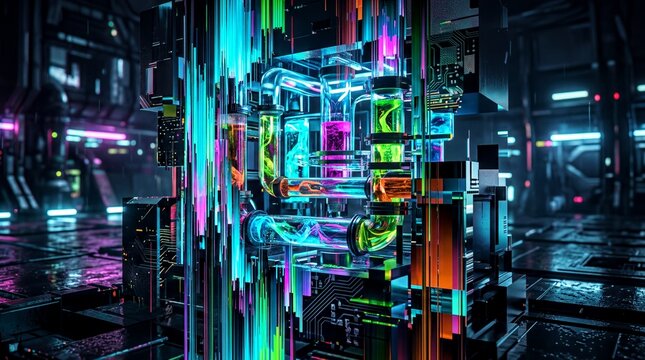 digital art expressions, a vibrant abstract composition featuring digital distortions and pixel sorting
