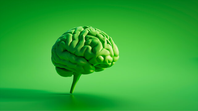 Isolated green brain on green background with copy space - 3D illustration