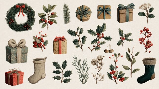 Collection of seasonal decorations including wreath, holly, gifts, branches, berries, and stockings