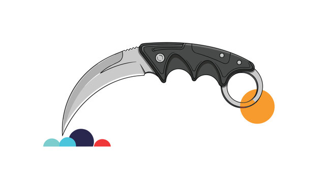 Detailed illustration of a curved karambit knife with a black handle and finger ring set against abstract colorful circular shapes.