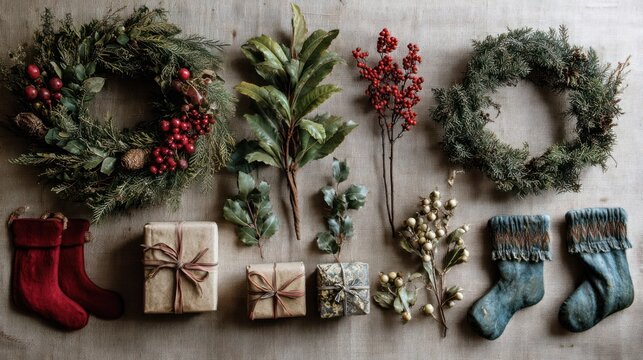 Collection of seasonal decorations including wreath, holly, gifts, branches, berries, and stockings