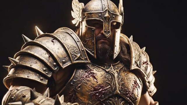 Warrior in ornate armor displays strong stance and expression. Multiple angles highlight details of armor and facial features. Dark background provides focus on subject
