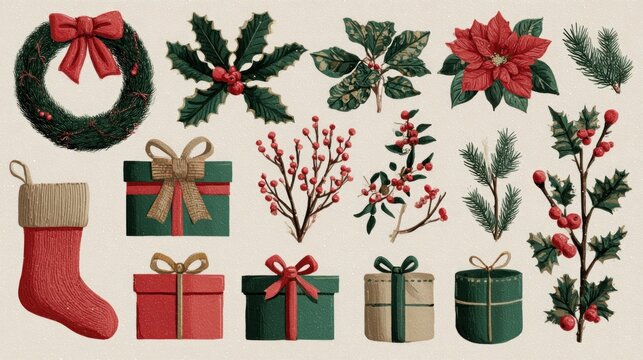Collection of seasonal decorations including wreath, holly, gifts, branches, berries, and stockings