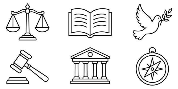 Professional law and justice icon collection featuring scales, courthouse, gavel, book, dove, and compass for legal, educational, and government related projects.