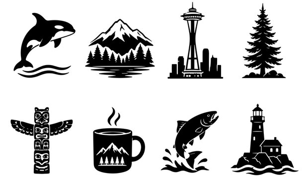 Travel icon collection featuring orca, mountain, Space Needle, pine tree, totem pole, coffee mug, salmon, and lighthouse representing Pacific Northwest landmarks.