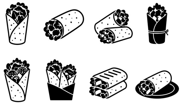 Modern wrap and burrito icon collection featuring tortilla wraps, filled rolls, and street food illustrations for restaurants, fast food menus, catering, and delivery services.