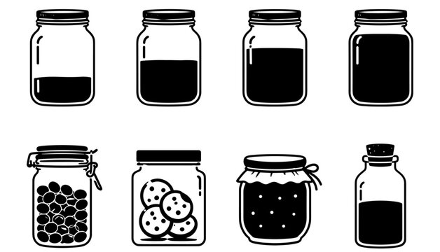 Glass jar icon collection featuring storage containers, preserve jars, cookie jars, and bottles for food packaging, pantry, and kitchen designs.