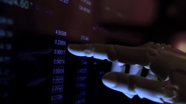 Cinematic close-up of a humanoid robot hand analyzing financial data and charts on a monitor. Dark moody office, low depth of field. Great for business analytics and AI financial security themes.